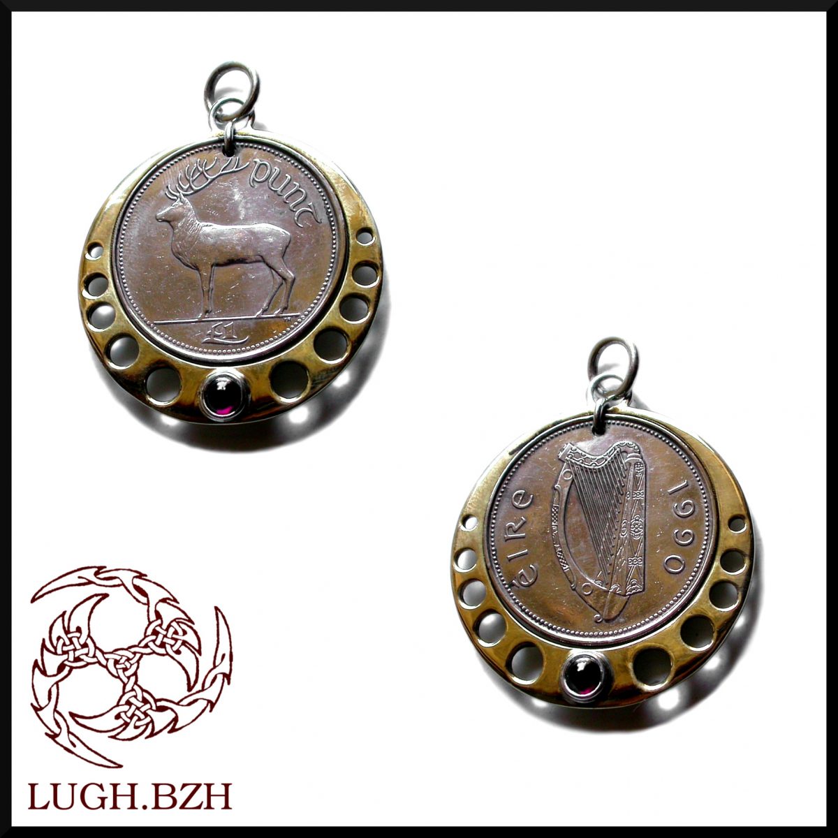 Quid - Amulette en argent, bronze, grenat et Livre irlandaise - Silver, bronze, garnet and irish Punt amulet